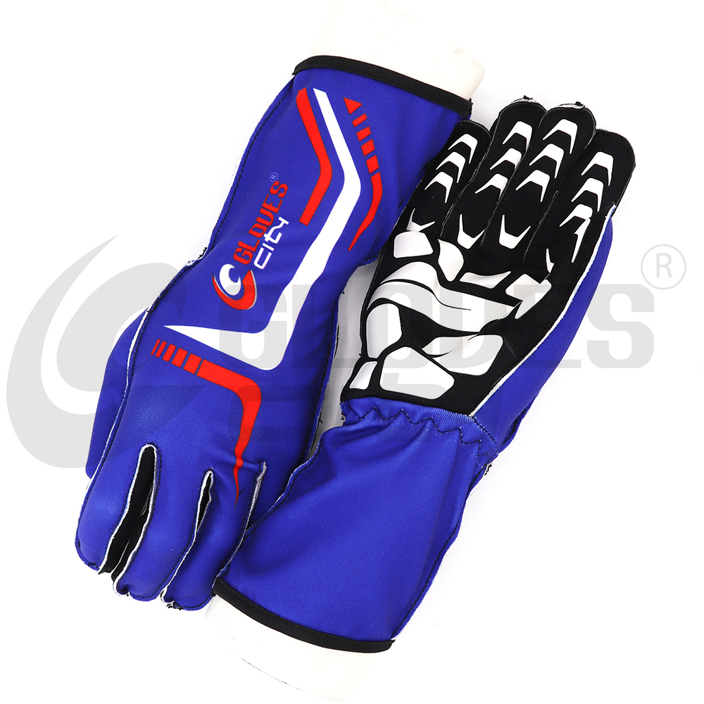 Blue and white polyester kart racing gloves with breathable fabric Go Kart Gloves